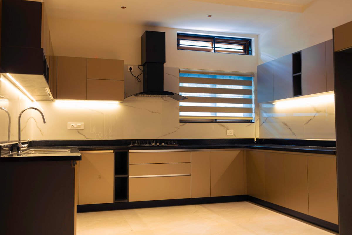 lavish kitchen with yellow lights