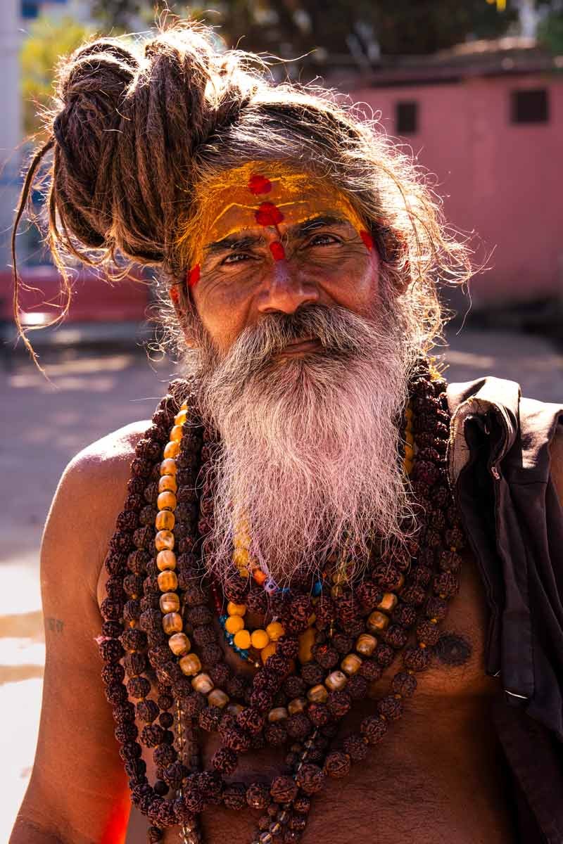 A sadhu wearing rudraksha beads