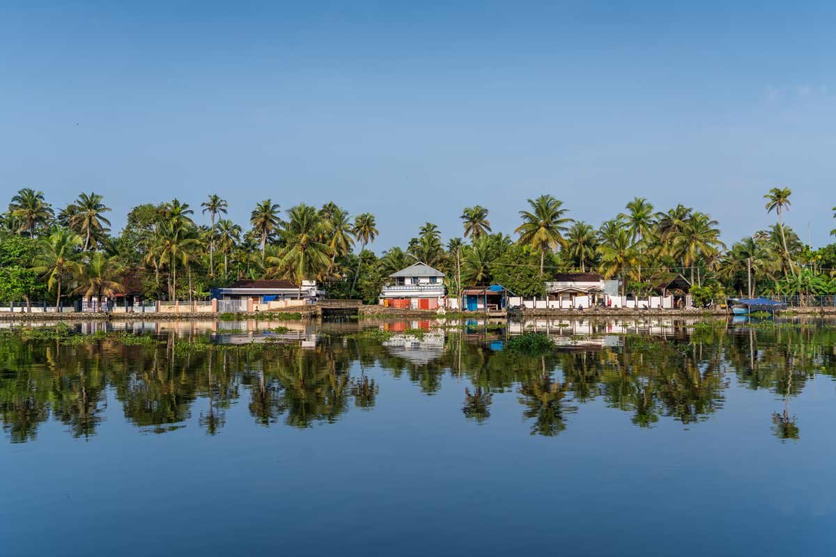 trees and houses reflected in alappuzha backwaters