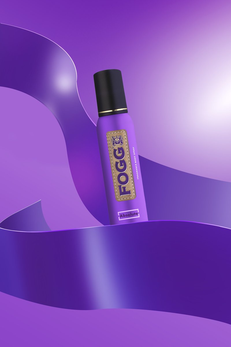 A perfume photo in purple ribbon graphics background.