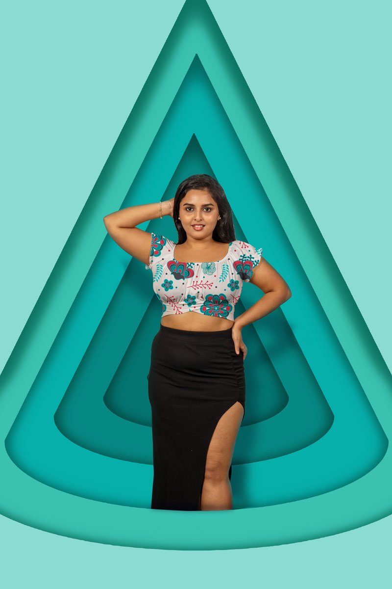 model inside a graphic triangle