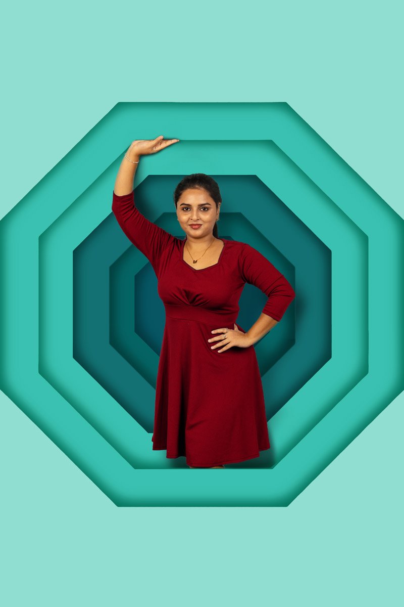 model inside a graphic octagon