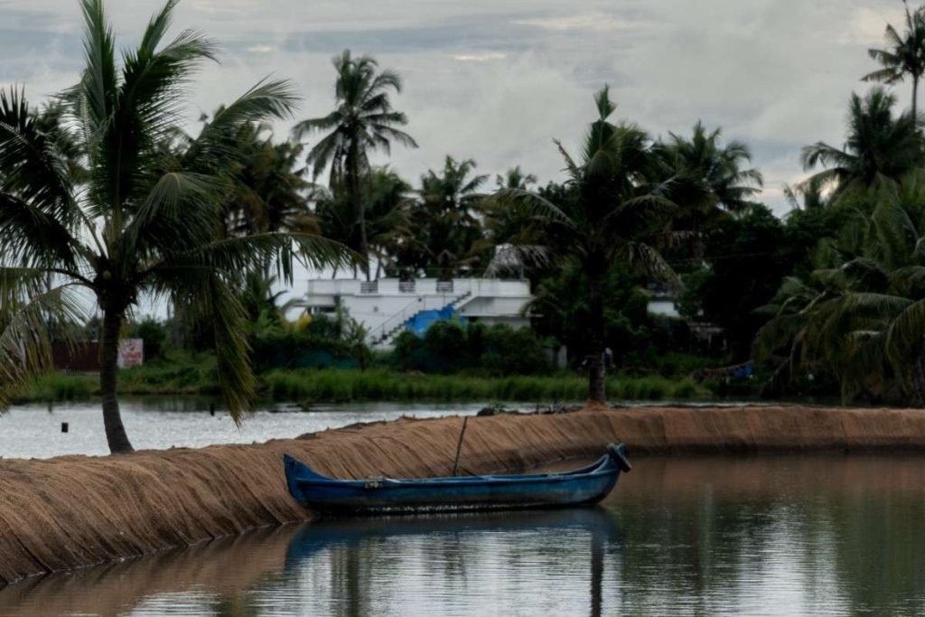 A blue boat peacefully rests