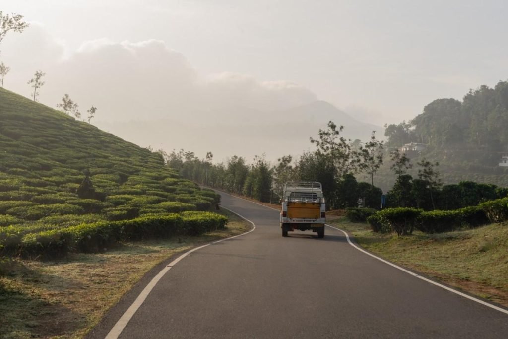 A vehicle moving through a curving.