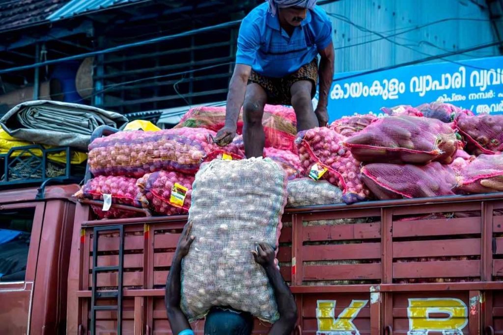Unloading the vegetables for a truck.
