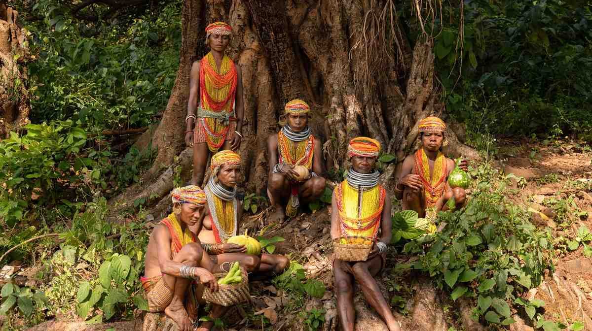 a group of old tribal ladies taking rest near the fealds