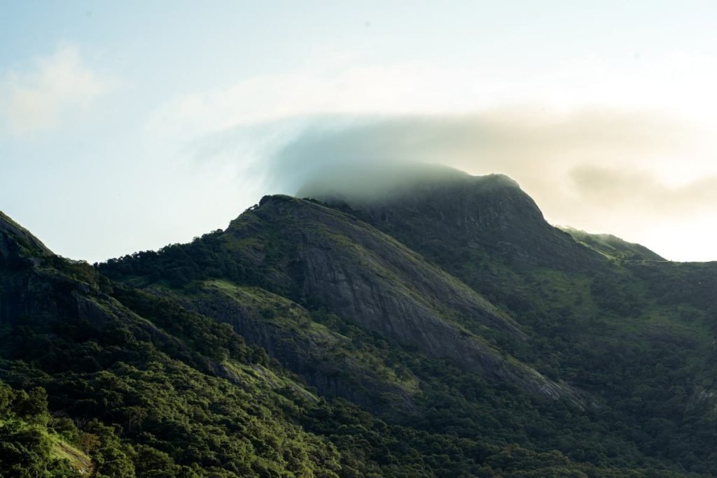 A hillside with clouds covering the peak.