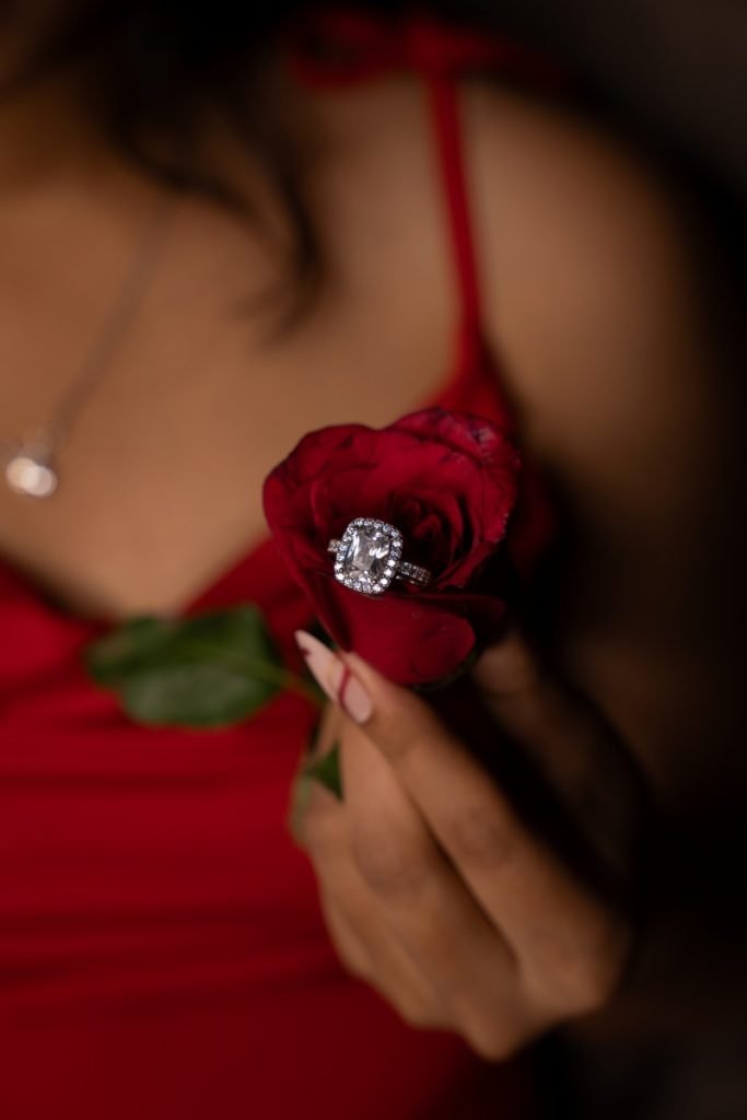 Elegant ring on a red rose.