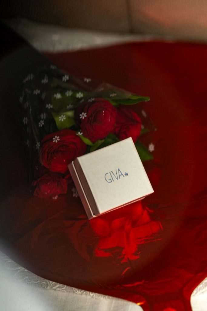 Gift box with red roses.