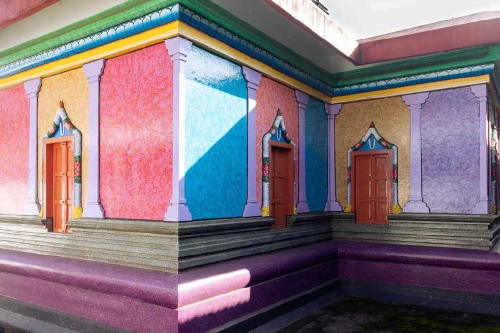 spiritual canvas of 3 colorful walls of vaishnava temple.