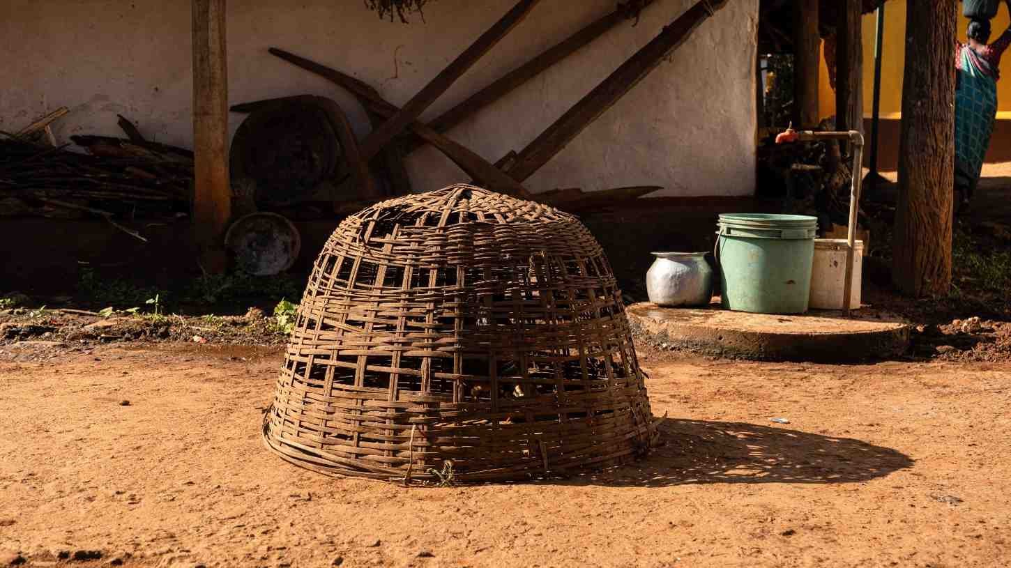 a hens basket is laying on a village street