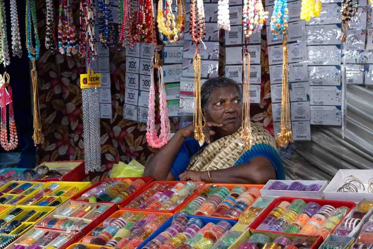 colorful stalls in lively street.