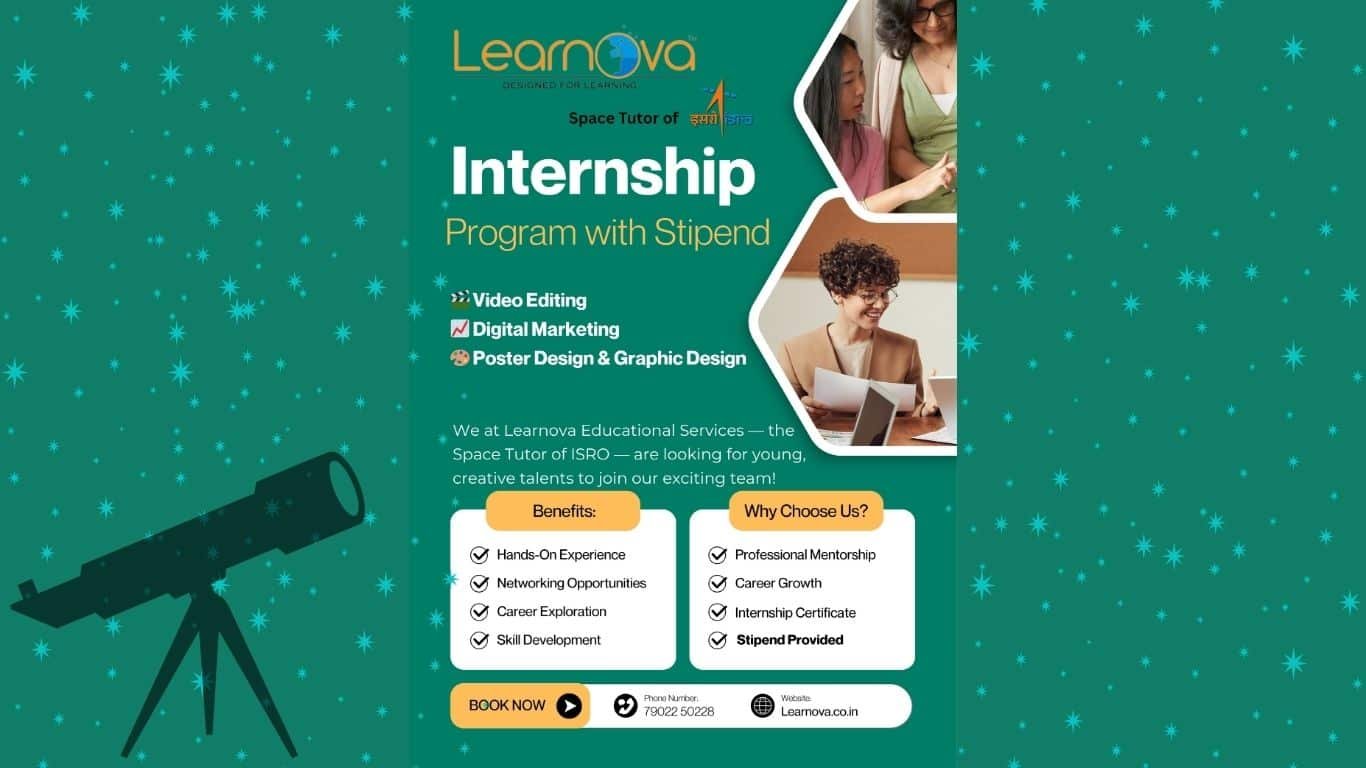 Poster for Learnova internship with roles in video editing, digital marketing, and design