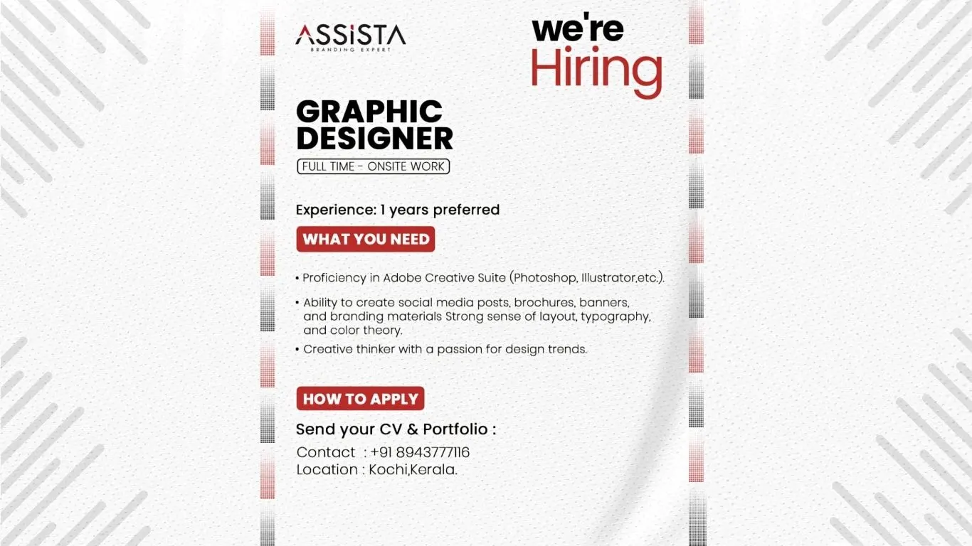 Poster announcing full-time onsite graphic designer job opening at Assista Branding Expert, Kochi, Kerala