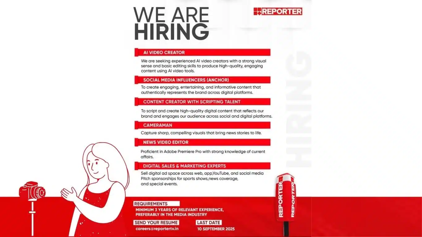 Reporter TV hiring AI Video Creator, Cameraman, News Video Editor, Content Creator, and Marketing Experts