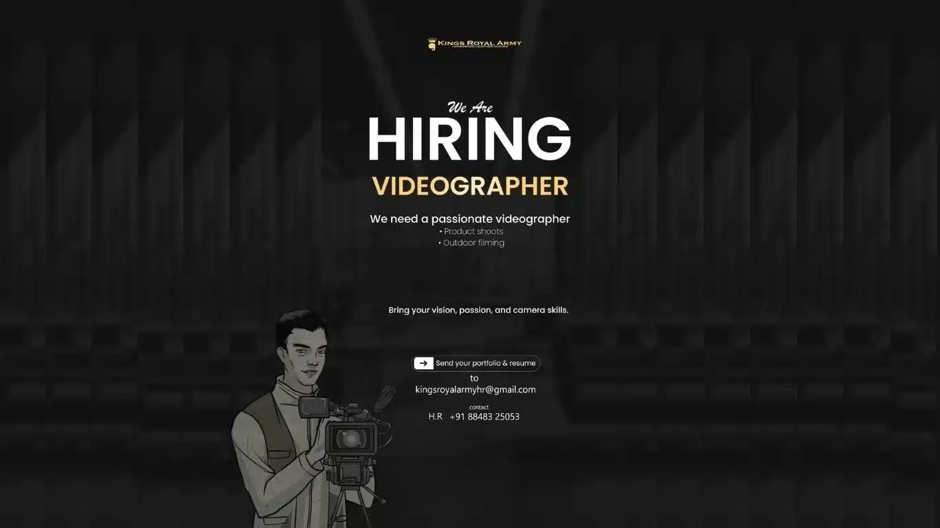 Videographer job opening at Kings Royal Army for product shoots and outdoor filming – Creative Hut placement opportunity